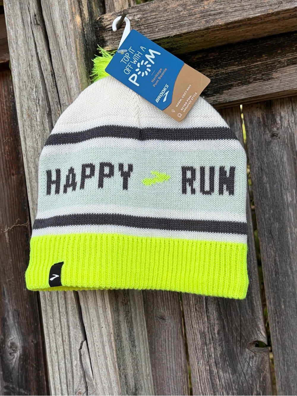 Brooks Kids Neon Yellow & White 'HAPPY RUN' Beanie